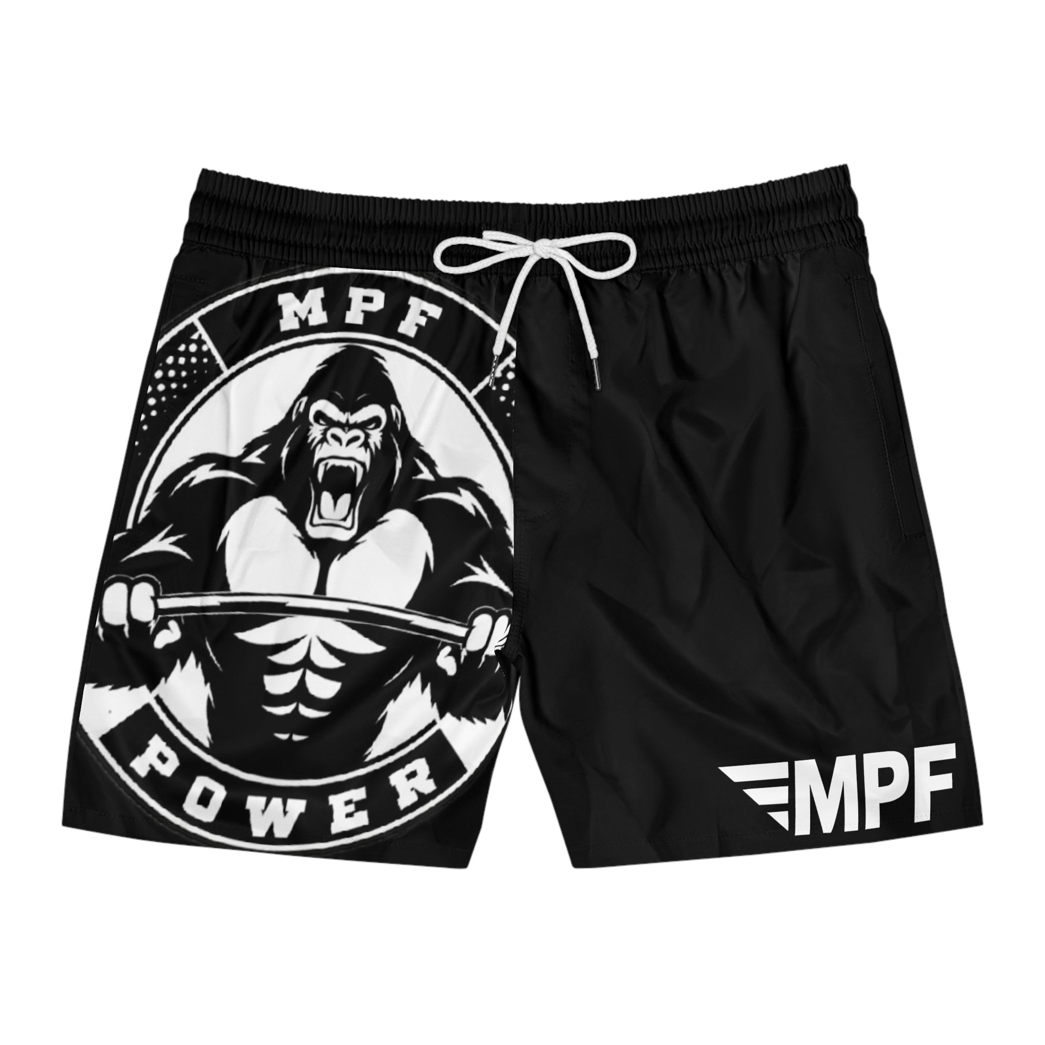 Black MPF Power Gorilla Swim Shorts — Men’s Mid-Length Athletic Beach Trunks