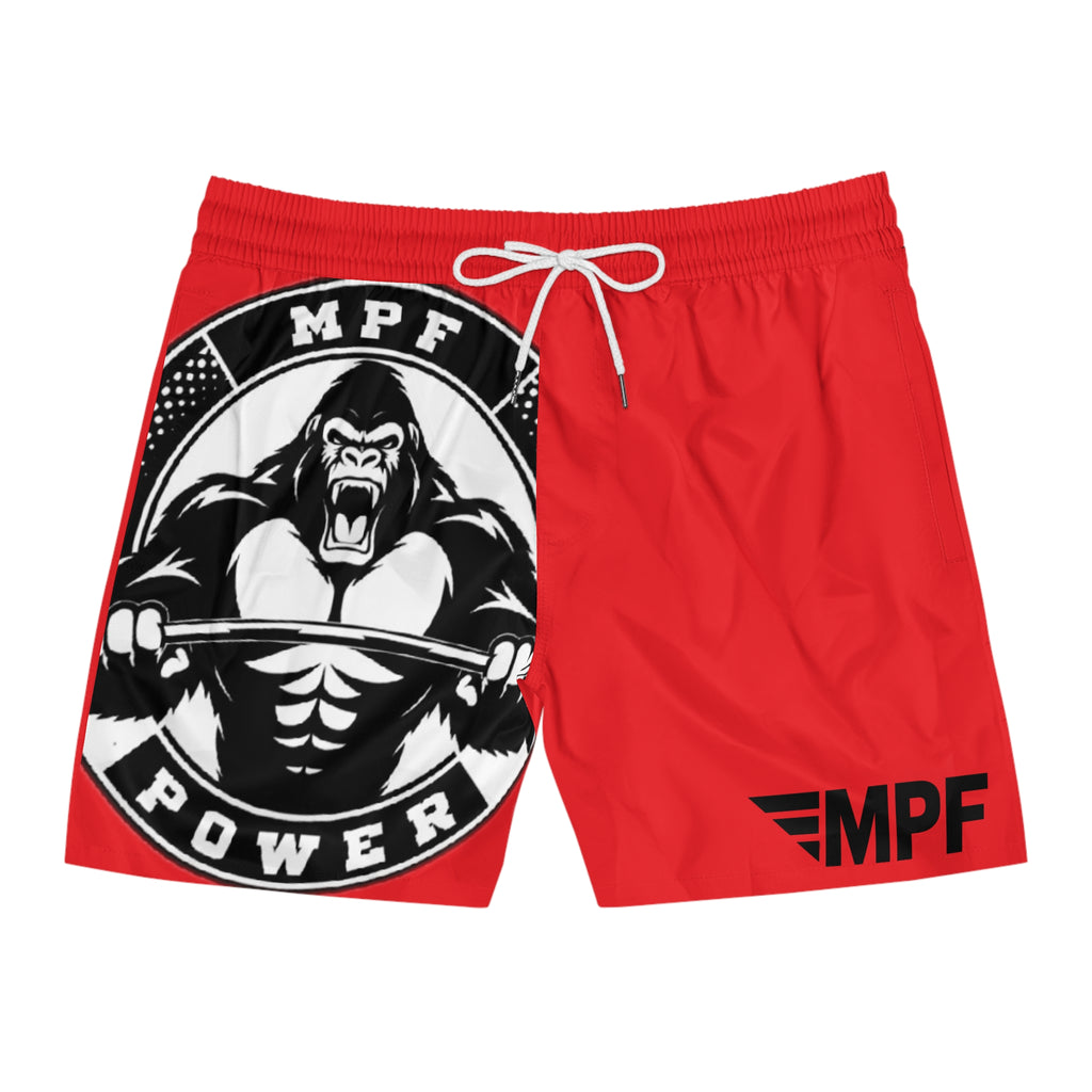 Red MPF Power Gorilla Swim Shorts — Men’s Mid-Length Athletic Beach Trunks