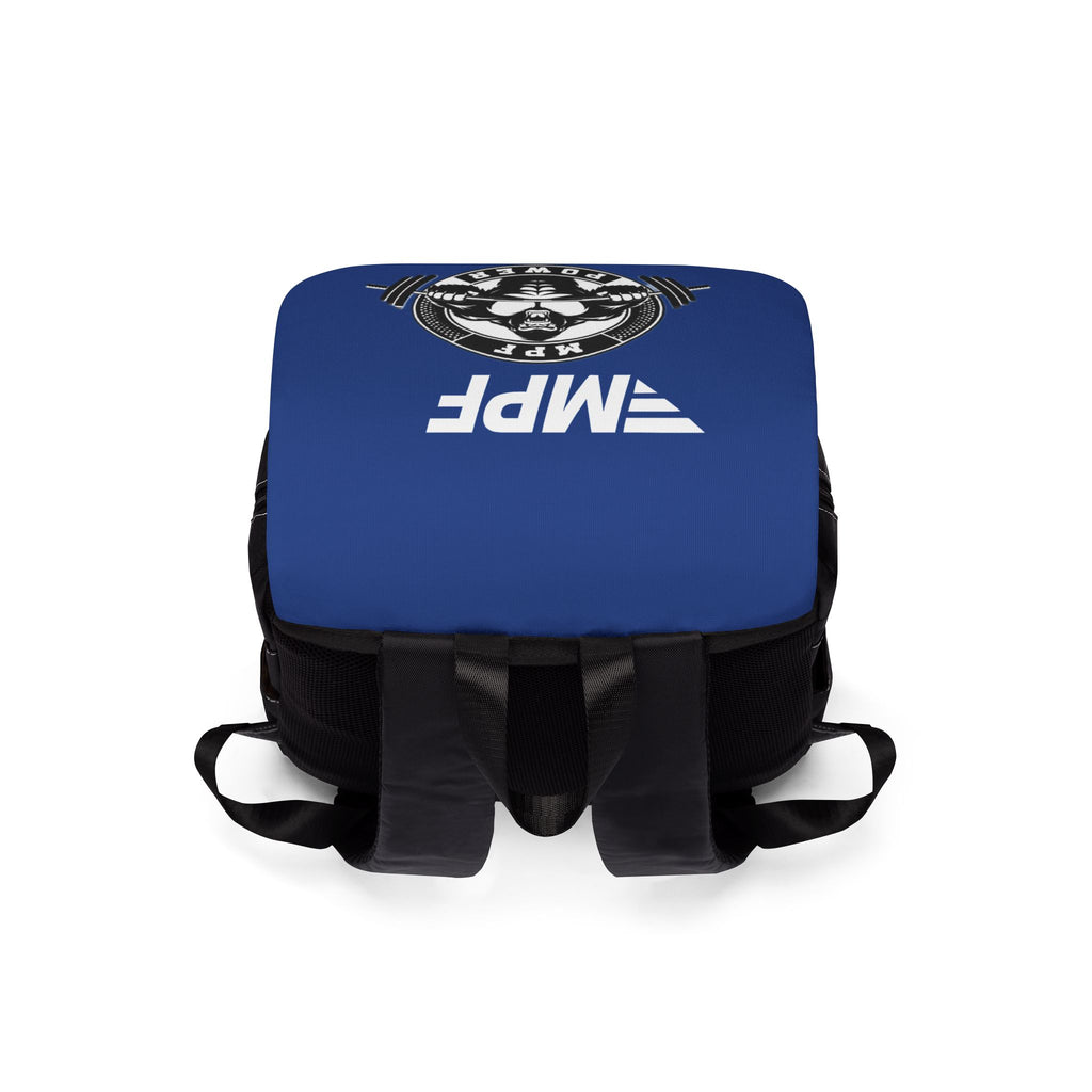 Blue MPF Power Gym Backpack — Weightlifting Gorilla Logo Shoulder Backpack