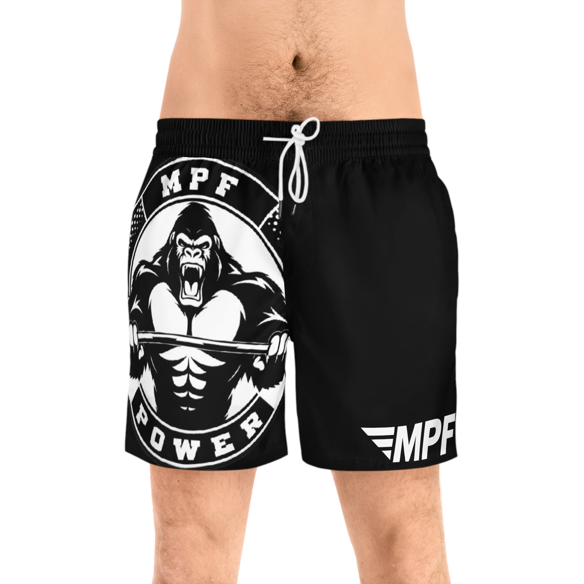 Black MPF Power Gorilla Swim Shorts — Men’s Mid-Length Athletic Beach Trunks