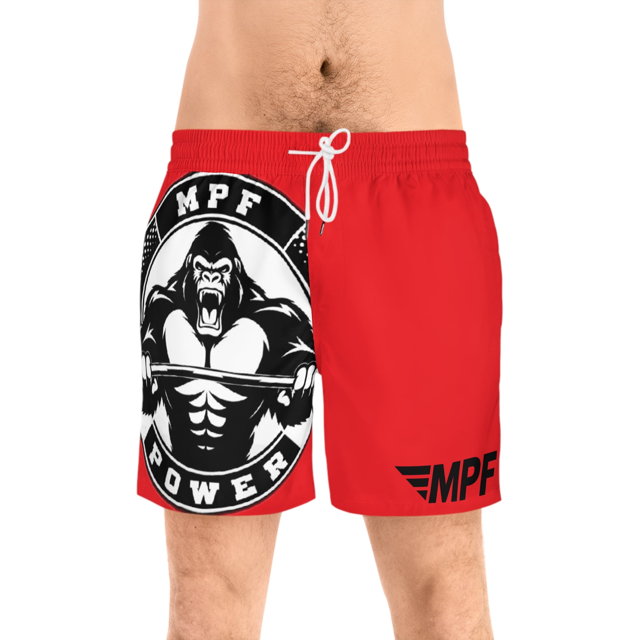 Red MPF Power Gorilla Swim Shorts — Men’s Mid-Length Athletic Beach Trunks